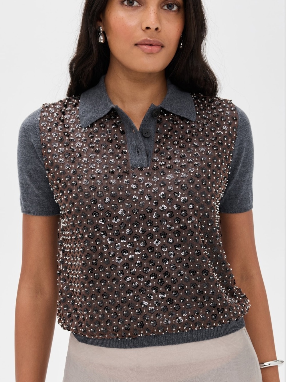Tanya Taylor Brown Front Beaded Short-Sleeve Polo with Gray Trim